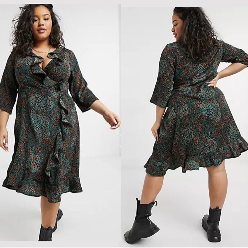 ASOS Yours midi wrap dress with ruffle detail in green animal print UK 16